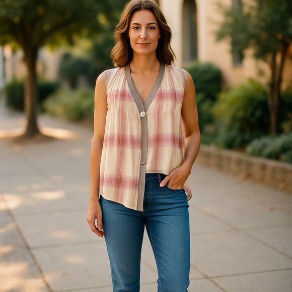 Elizabeth and James X-Small Cotton Sheer Blouse Multi-Color Plaid One Button - Picture 1 of 12